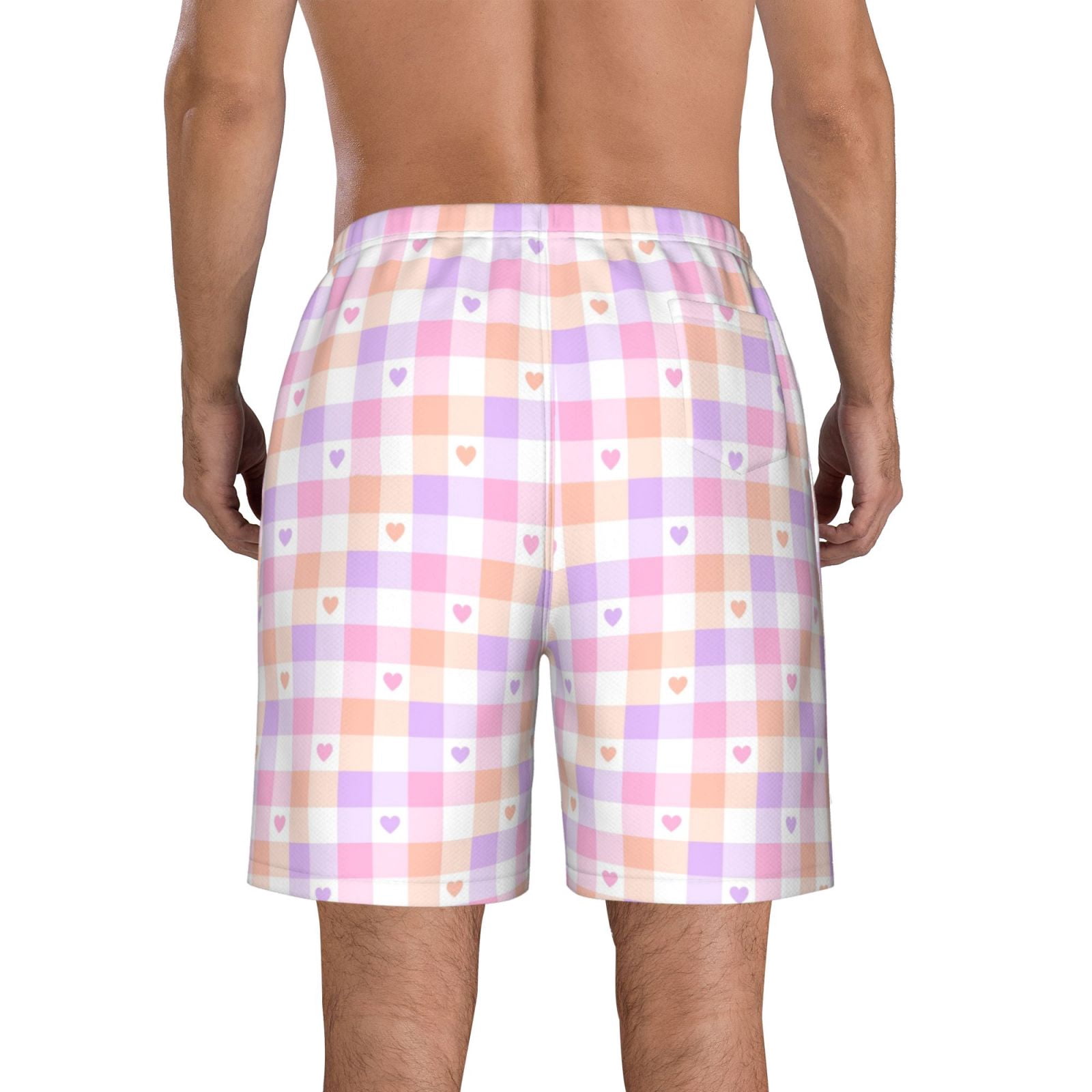 Naloa Heart Buffalo Plaid Men's Beach Shorts, Surfing shorts, Swim trunks, Quick Dry Swim Trunks for Surfing Beach Fun - X-Large