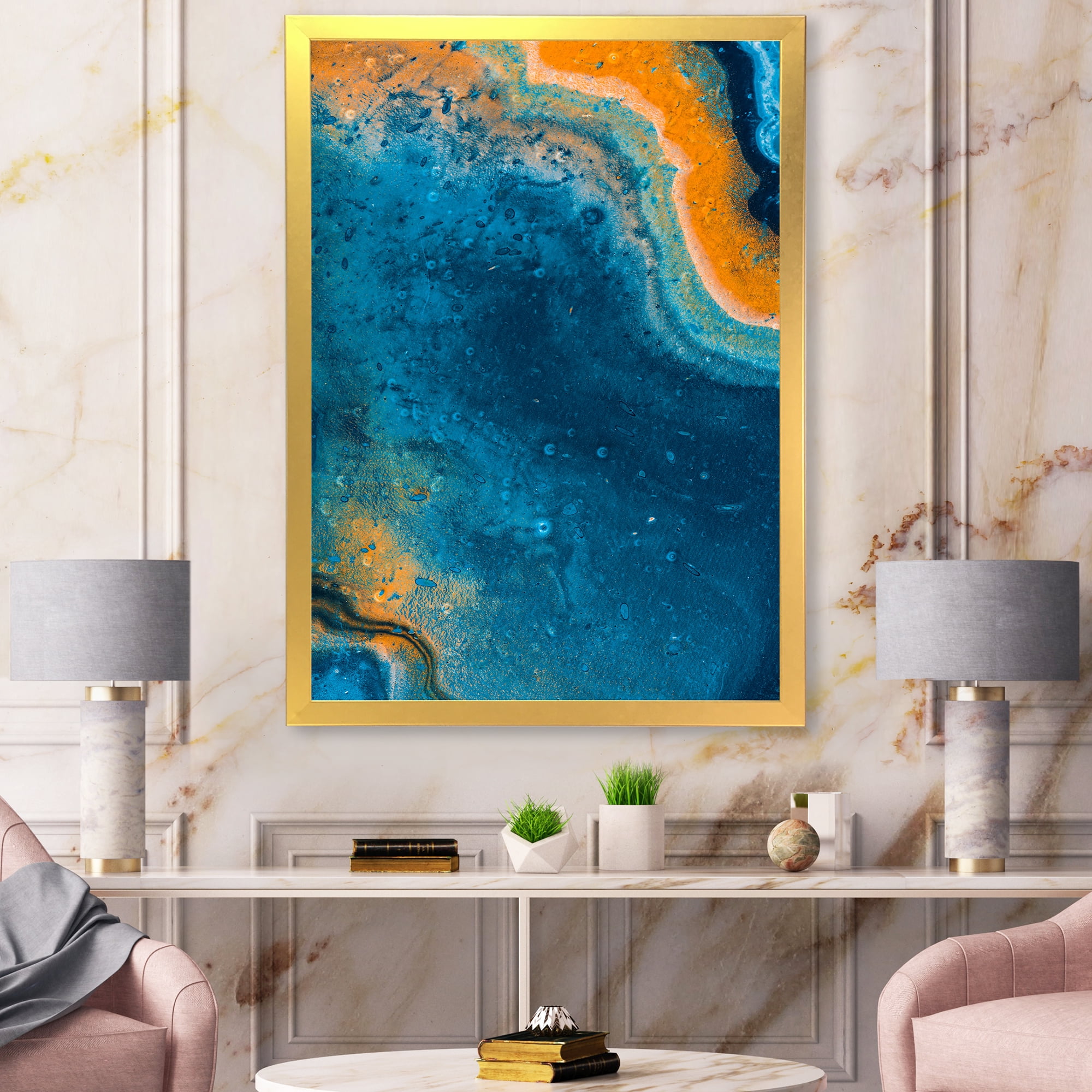 Designart 'Abstract Marble Composition In Orange and Blue V' Modern Framed Art Print