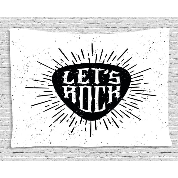 Rock Music Tapestry, Lets Rock Quote Monochrome Arrangement Hipster Lined Design Dotted Pattern, Wall Hanging for Bedroom Living Room Dorm Decor, 80W X 60L Inches, Black White, by Ambesonne