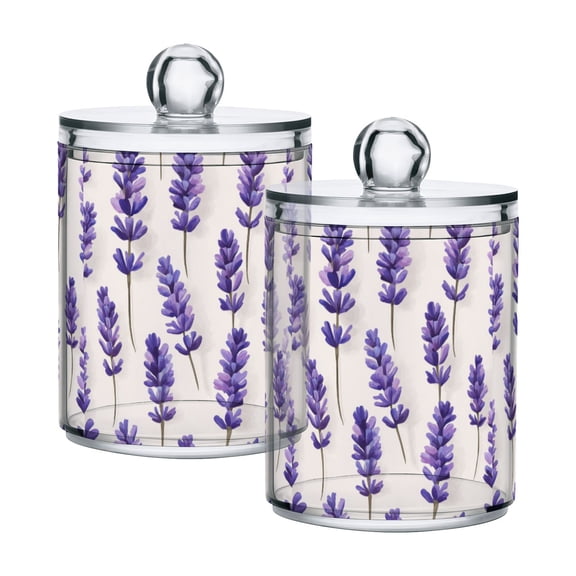 Yayeee 2 Pack Qtip Holder Bathroom Cotton Swab Canister with Lid Clear Dispenser Set, Lavender Pattern