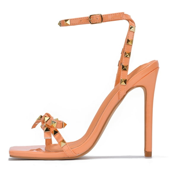 Cape Robbin Women Sexy Stiletto High Heels Gold Studded Square Toe Ankle Strap Bow CAFENOIR Orange 8.5