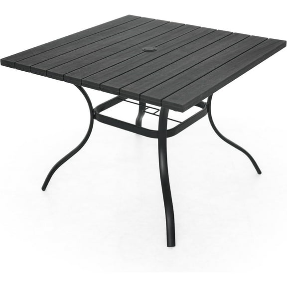 Outdoor Dining Table with 1.6" Umbrella Hole, Picnic Table Plastic Square Backyard Bistro Table Outdoor Dining Table for Garden, Poolside, Backyard, Black, 37x37inch