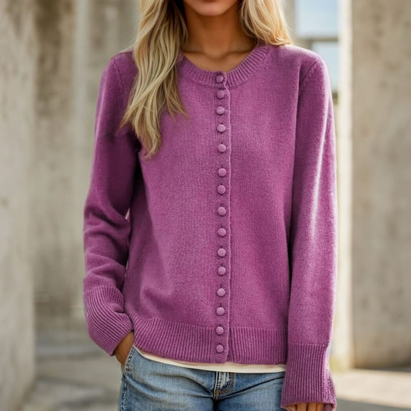 HOMBOM Cozy Sweaters for Women Hot Pink Button down Cardigan Long Sleeve Winter Ladies Cardigans Crew Neck