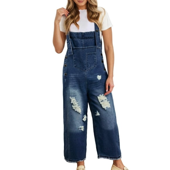 Gpoecd Denim Jumpsuit for Women Fashion Casual Solid Color Distressed Loose Wide Leg Suspenders Wide Leg Pants for Women Dark Blue,S