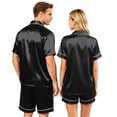 thumbnail image 5 of VV AVEORS Satin Matching Pajamas Sets Couple Silk Button Down Nightwear Women & Men Short Sleeve Sleepwear 2 Pieces Loungewears Black M, 5 of 8