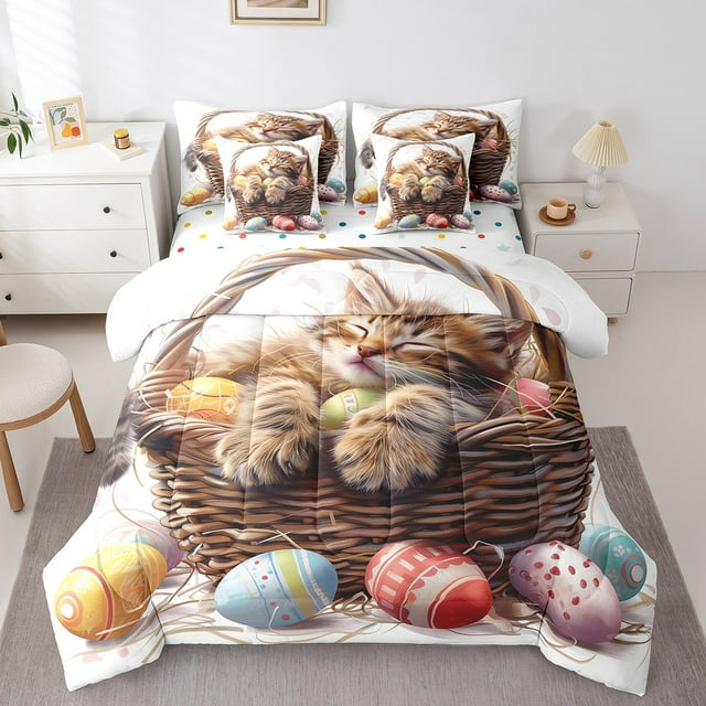 Erosebridal Literie pour Chat Taille Simple, Ensembles de Literie Kawaii Chaton Taille Simple, Décor Animal de Dessin Animé, Réversible 7 Pcs
