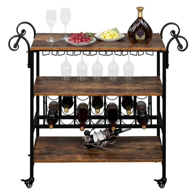 EasingRoom 3Tier Vintage Wood Kitchen Bar Cart Wine Rack Serving