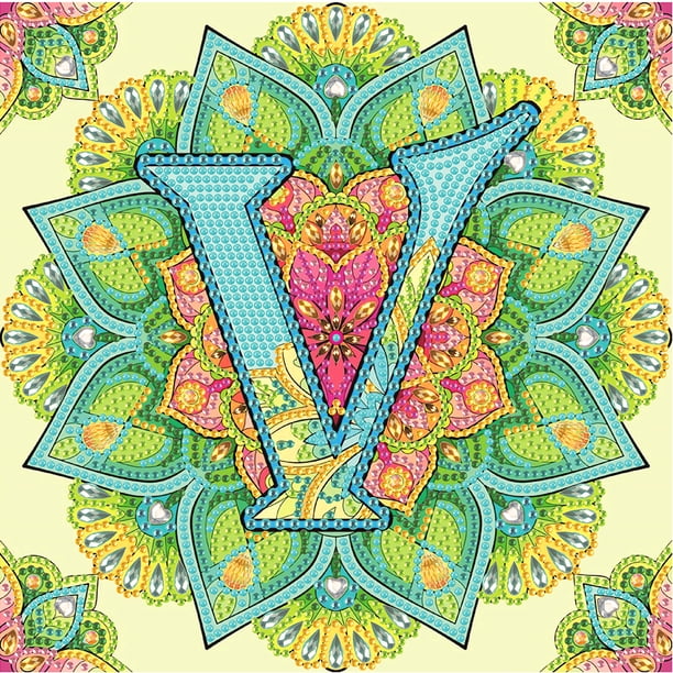 (UP343) Resina Con Forma Especial Serie Abstracta Mandala Con Letra V Diamante Parcial 30x30cm