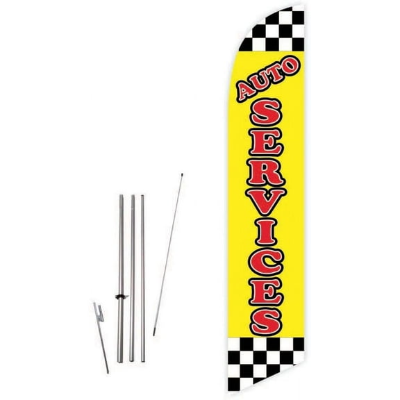 Cobb Promo Auto Services Yellow Feather Flag with Complete 15ft Pole kit and Ground Spike