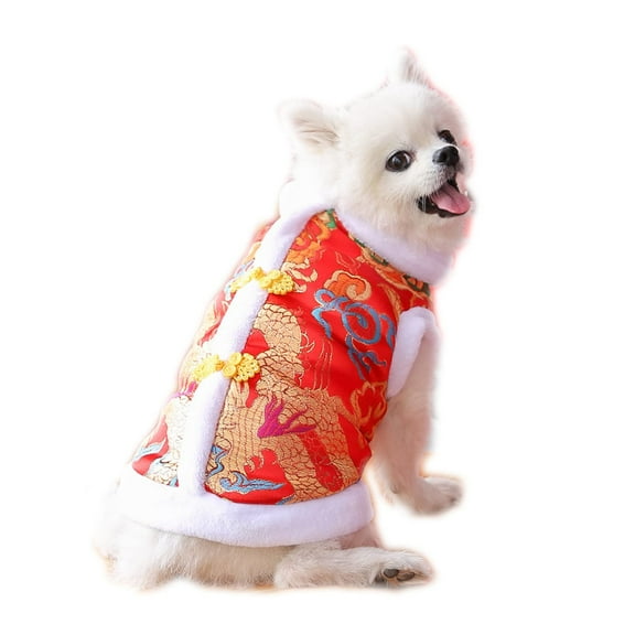 Small Dog New Year Outfit, Pet Cheongsam Dog Tang Costume, Warm Coat for Puppy Small Medium Dog (S)