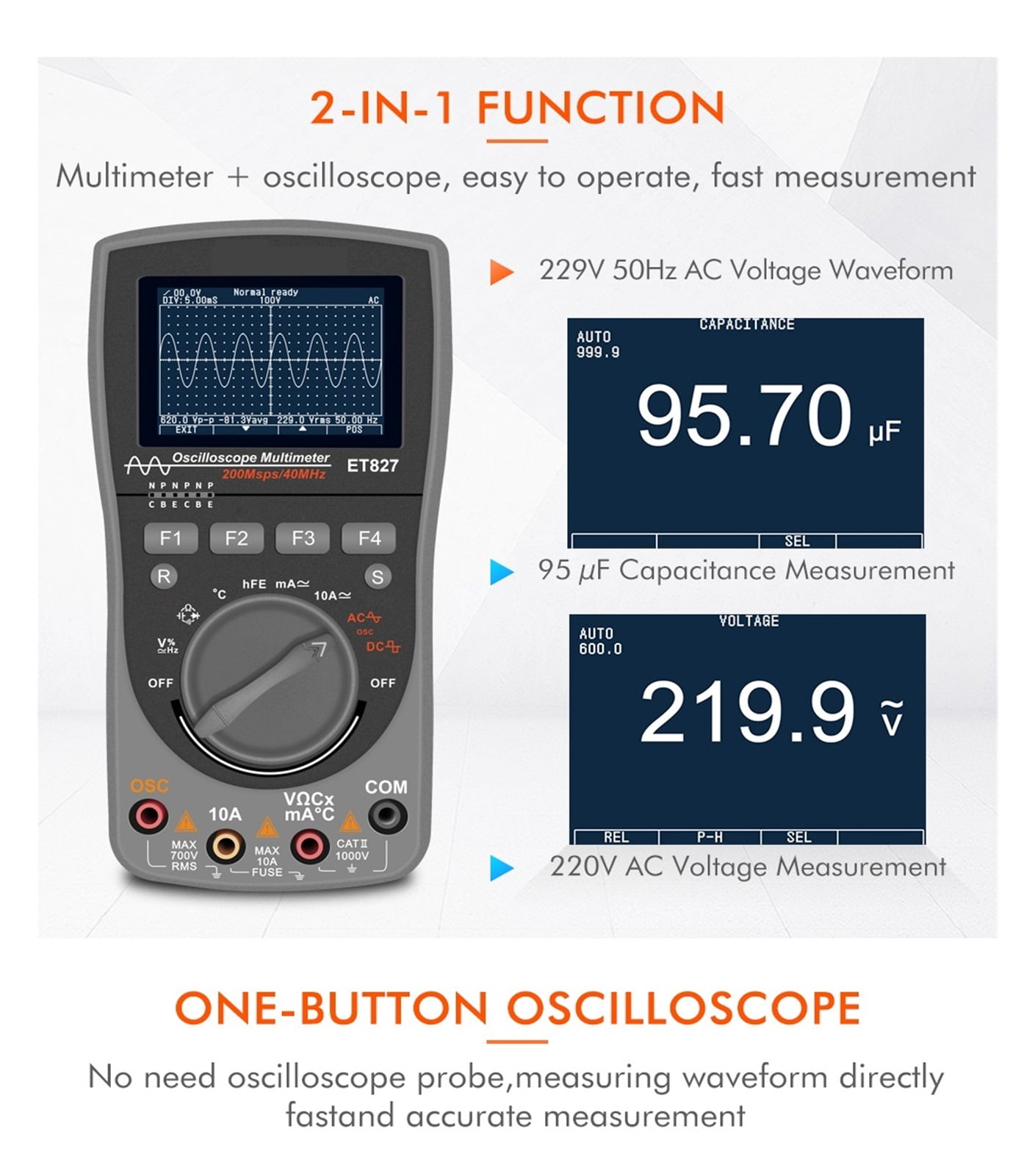 ET827 Digital Oscilloscope 40MHz Bandwidth 200 Msps Sampling Rate 2 in 1 Handheld Oscilloscope Multimeter ,Professional Designed