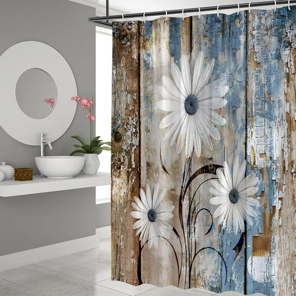 Shower Curtain Blue Daisy Shower Curtains for Bathroom,Blue Brown Floral Farmhouse Shower Curtain Sets Waterproof Plant Shower Curtain Bathroom Curtains 72x72 inch with Hooks