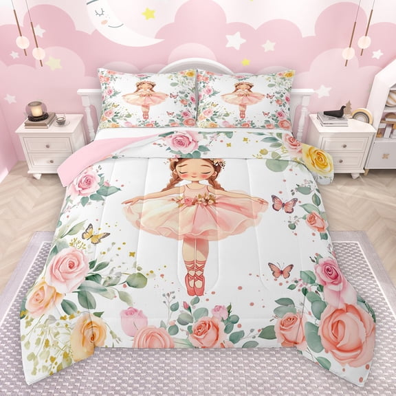 jejeloiu Kawaii Ballet Dancer Bedding Comforter Set,Rustic Flower Floral Twin Comforter Sets,Romantic Pink Rose Bedding Set For Girls Kids,Ultra Soft Home Decor Reversible,2pcs