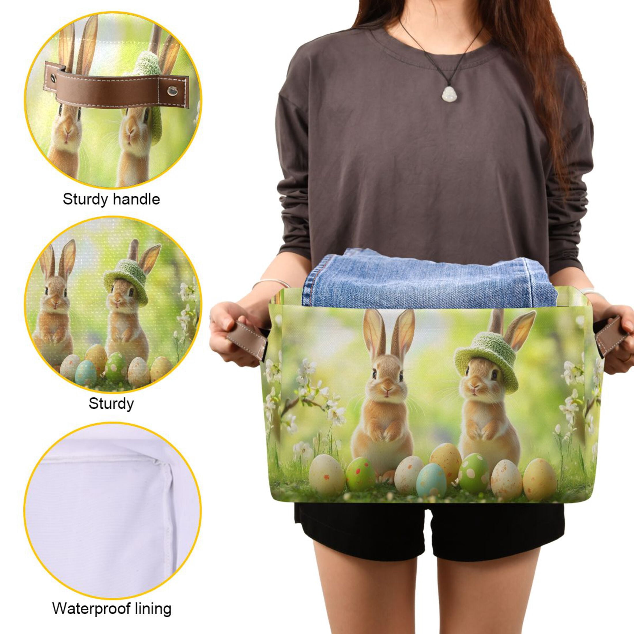 Ryvnso Happy Easter Bunny Storage Basket Large Bin Foldable Boxes Toys Organizer 14.2x10.2x8.3in 2 PCs