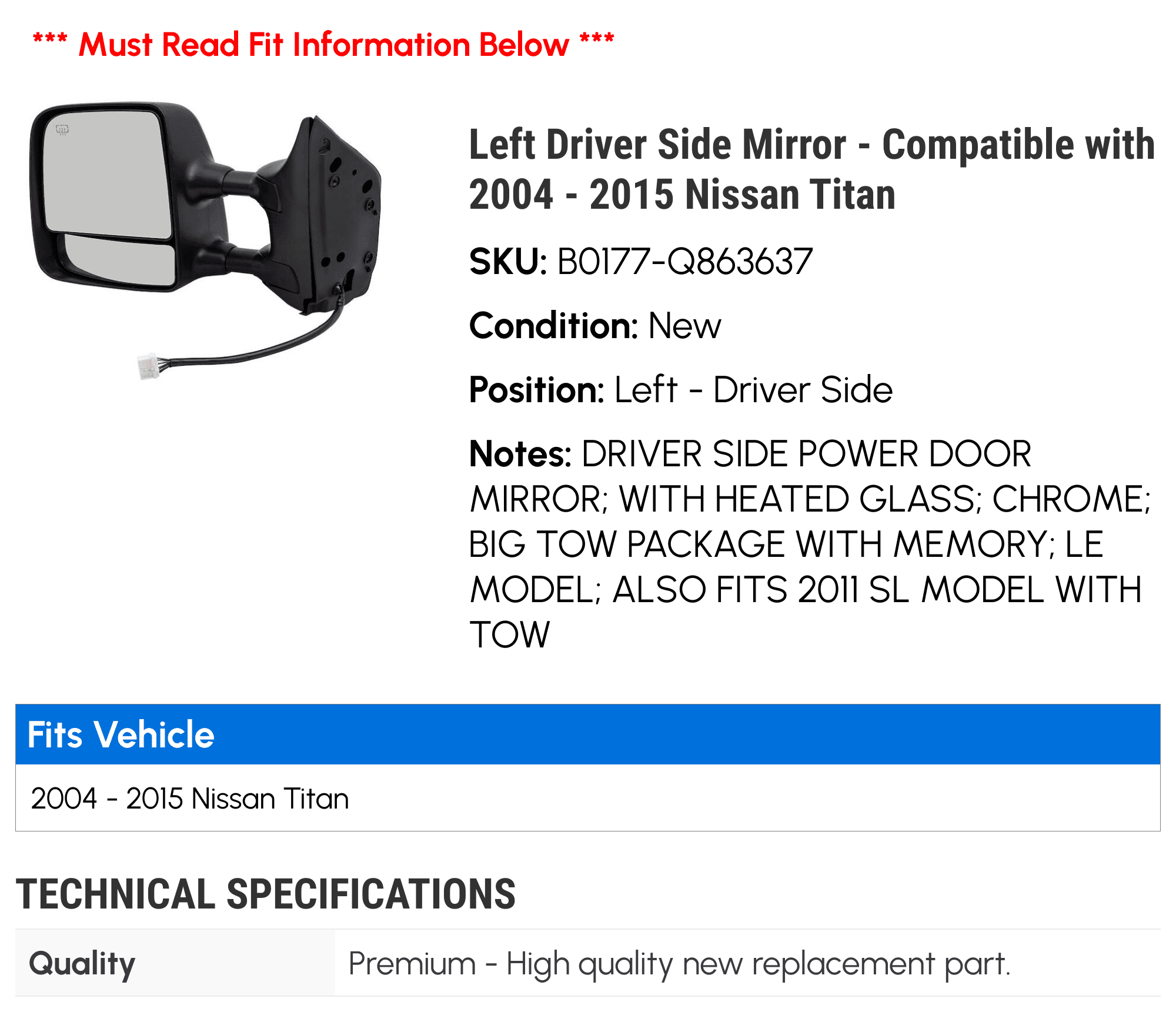Left Driver Side Mirror - Compatible with 2004 - 2015 Nissan Titan 2005 2006 2007 2008 2009 2010 2011 2012 2013 2014
