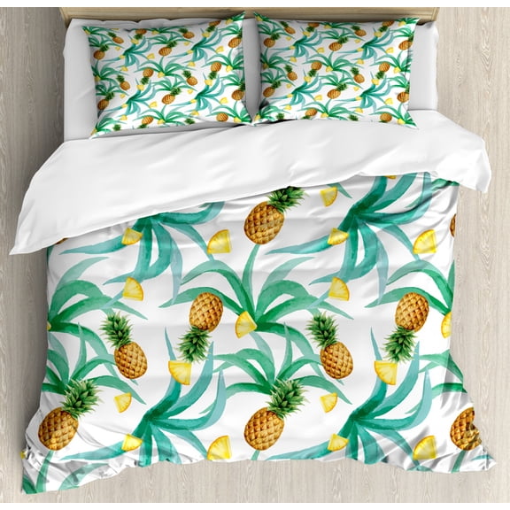 Hawaii Duvet Cover Set King Size, Botany Inspired Traditional Luau Party Funky Polynesian Culture, Decorative 3 Piece Bedding Set with 2 Pillow Shams, Jade Green Marigold Ginger, by Ambesonne
