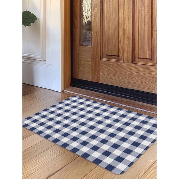 Navy Blue White Plaid Door Mat Indoor Outdoor Entrance, Non Slip Rug for Kitchen Bathroom Entryway Rug, Farmhouse Checkered Buffalo Washable Doormat Floor Mat for Office Home Decor 20x31.5 Inch