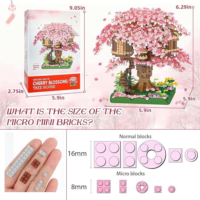 Mini Sakura Albero Casa Costruire Blocco, 2200 Pezzi Set Costruzione Bonsai Sakura, Regalo Decorazione Collezione Botanica Fai da te, Fiori Artificiali Piante Giocattolo Costruzione (7855