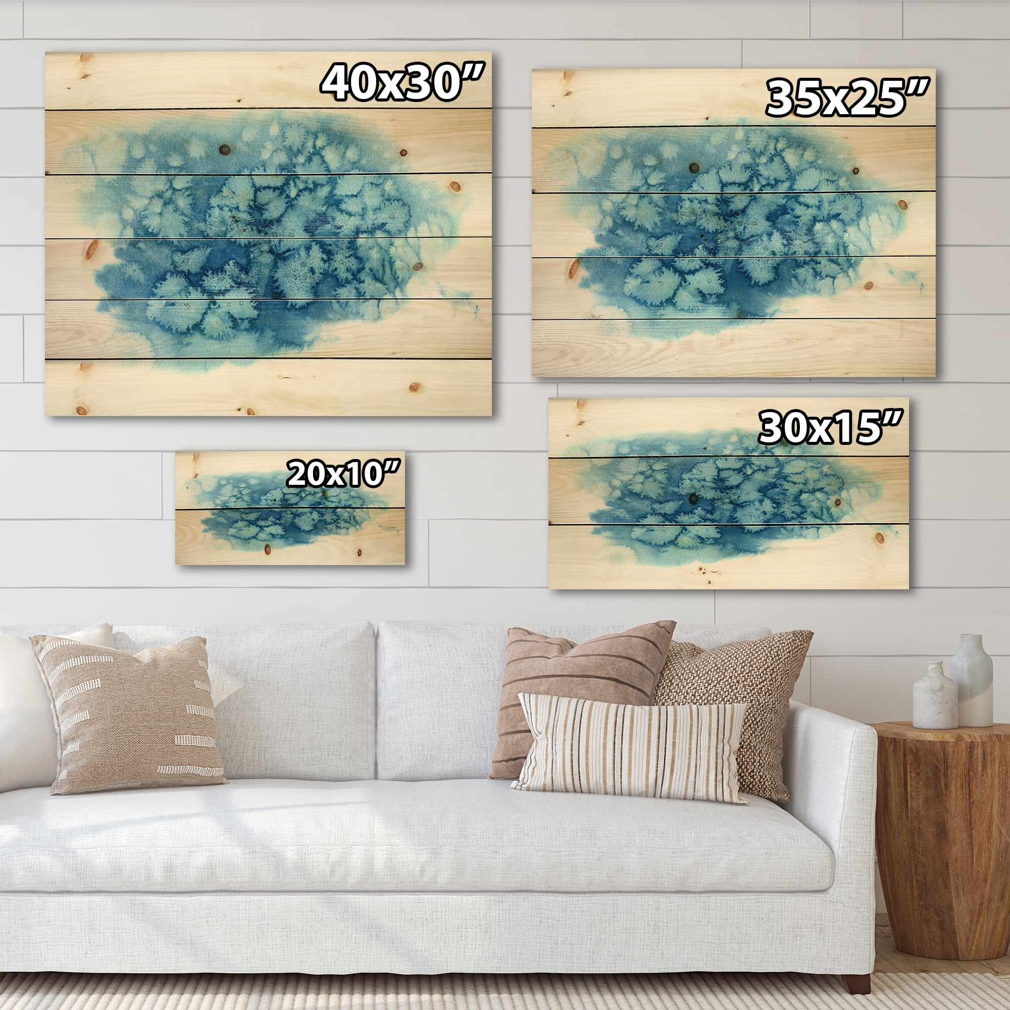 Designart 'Abstract Blue Turquoise Cloud' Modern Print on Natural Pine Wood