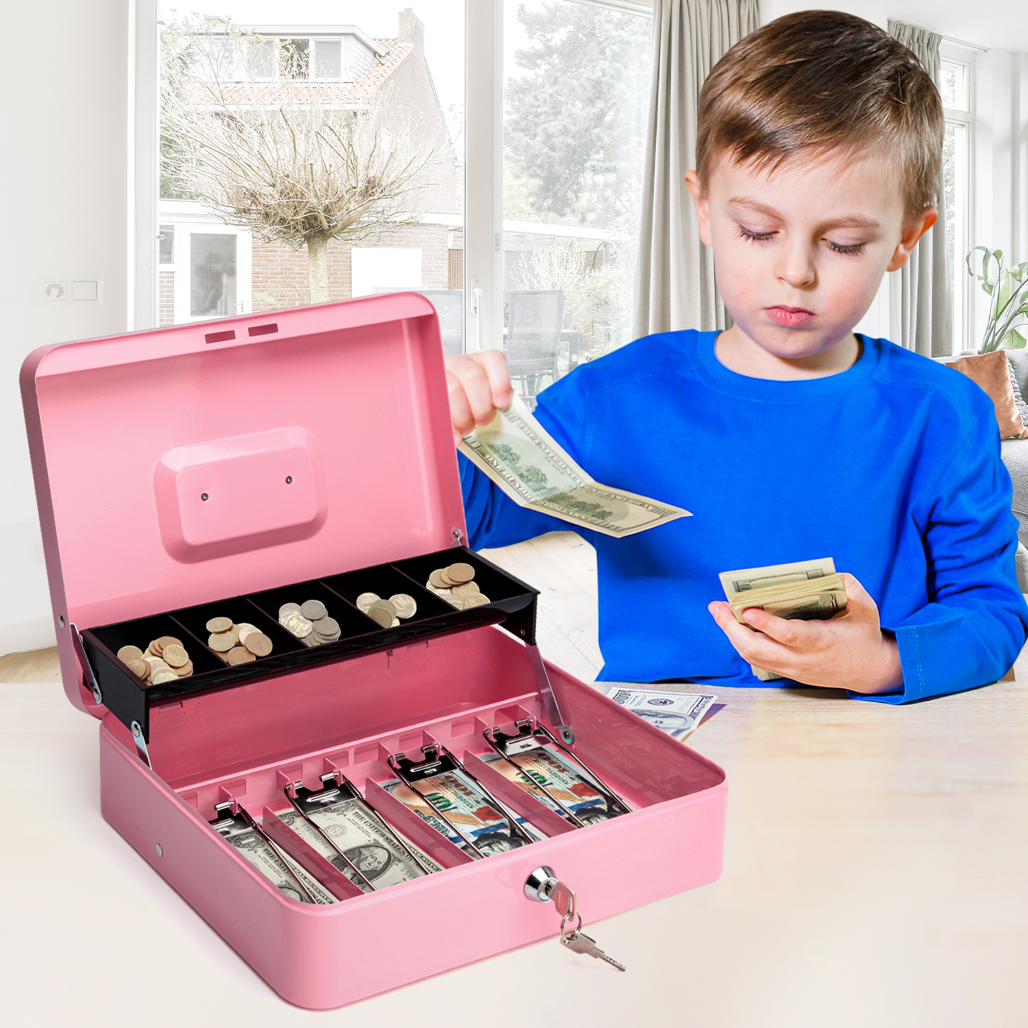 SkyAuks Cash Box with Money Tray 11.8 x 9.5 Inches photo 6