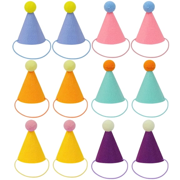 12 Pack Mini Party Hats for Stuffed Animals & Pets – Colorful Cone Hats with Pom Poms, Elastic Straps, Non-Woven Fabric, Birthday Decor for Dogs, Cats & Rabbits