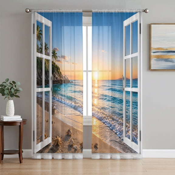 Coastal Beach Sheer Curtains 96 Inch Length 2 Panels Set, Summer Ocean Nautical Sea Waves Blue Voile Window Treatment Semi Sheer Long Curtains Drapes for Bedroom/Living Room/Kitchen 52"x96"x2