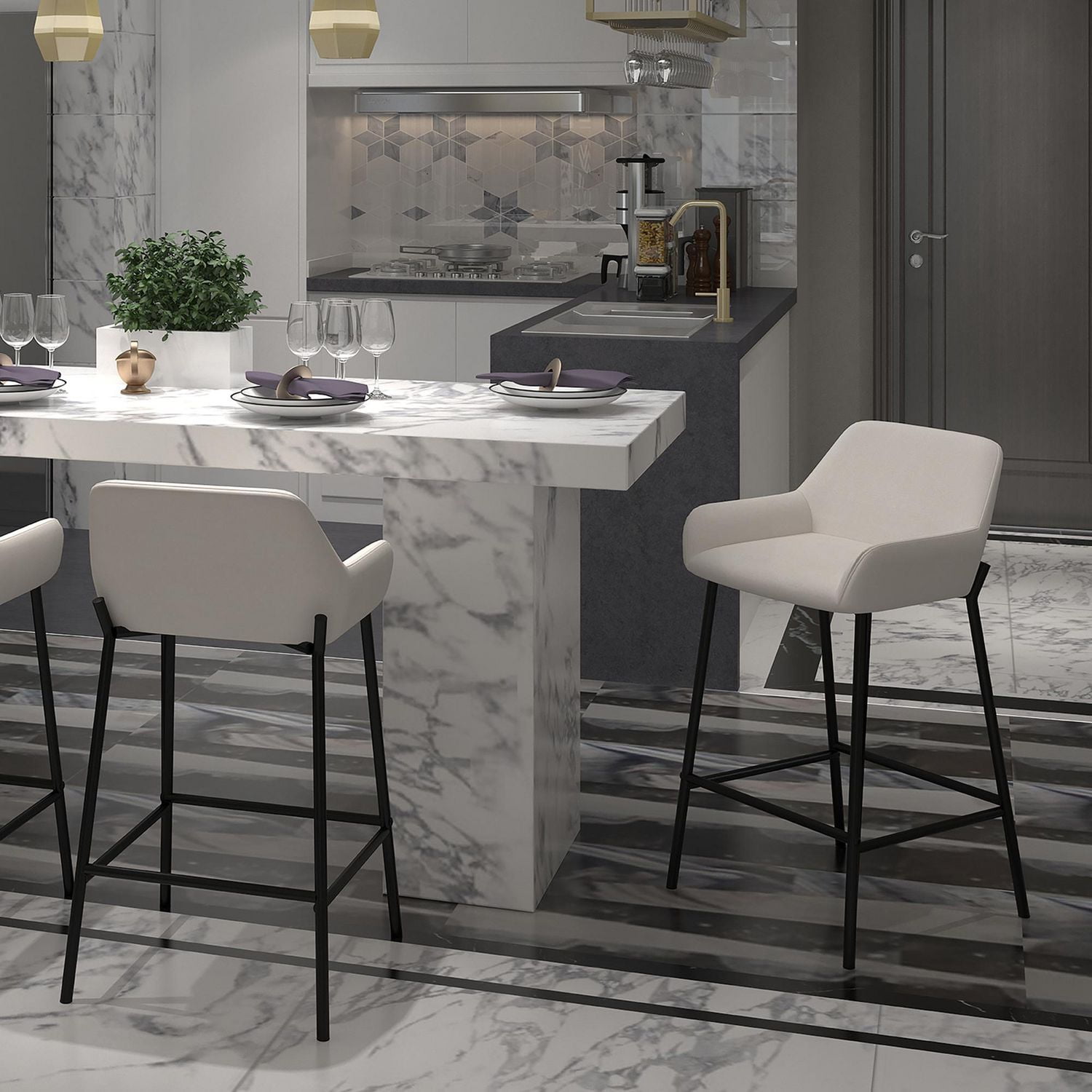 Modern Fabric and Metal  26" Counter Stool, Set of 2 - Beige and Black