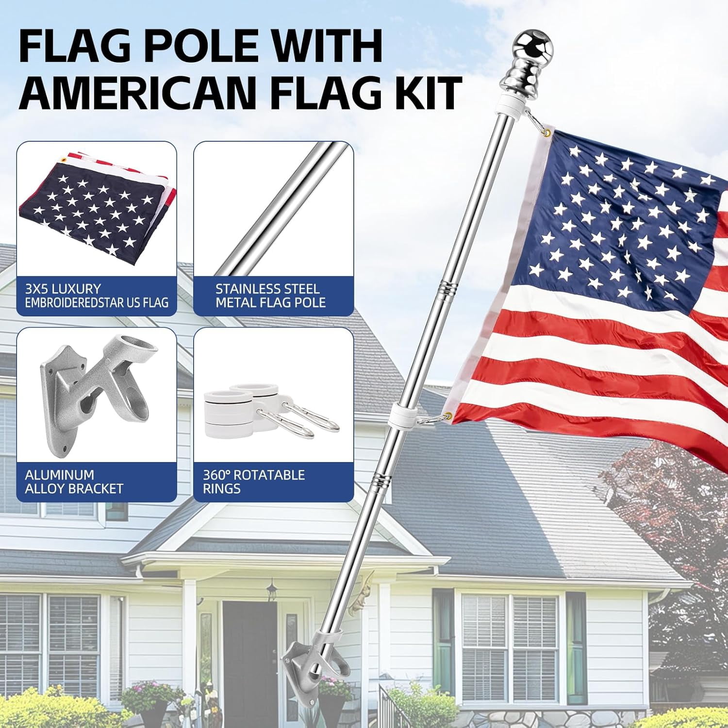 5 FT Flag Pole kit and American Flag 3x5ft with Pole Kit for Outside, Heavy Duty Flag Pole 5FT with 3x5ft American Flag, Stainless Steel Aluminum Multi-Position Flag Pole with Bracket Holder (silver)