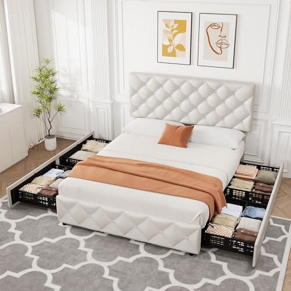 Full/Queen/King Size Bed Frame with 4 Storage Drawers and Headboard, Linen Upholstered Platform Bed Frame, Diamond Stitched Button Tufted, No Box Spring Needed, Easy Assembly