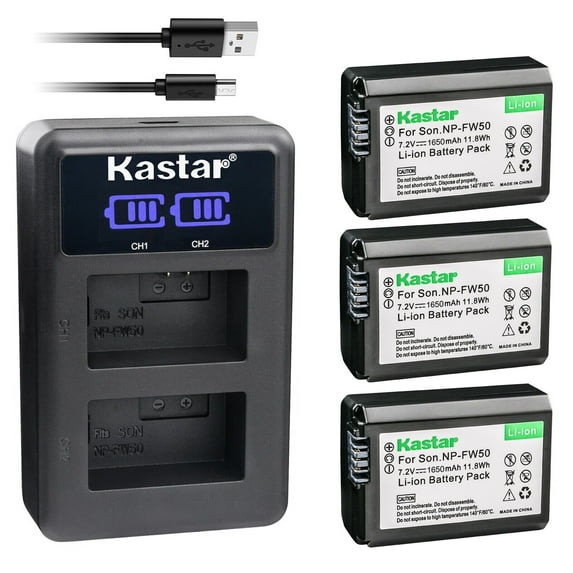 Kastar 3-Pack NP-FW50 Battery and LED2 USB Charger Compatible with Sony alpha 7R II, α7RII, a7R II, ILCE-7S, alpha 7S, α7S, a7S, ILCE-7SM2, alpha 7S II, α7S II, a7S II, ILCE-QX1 Camera