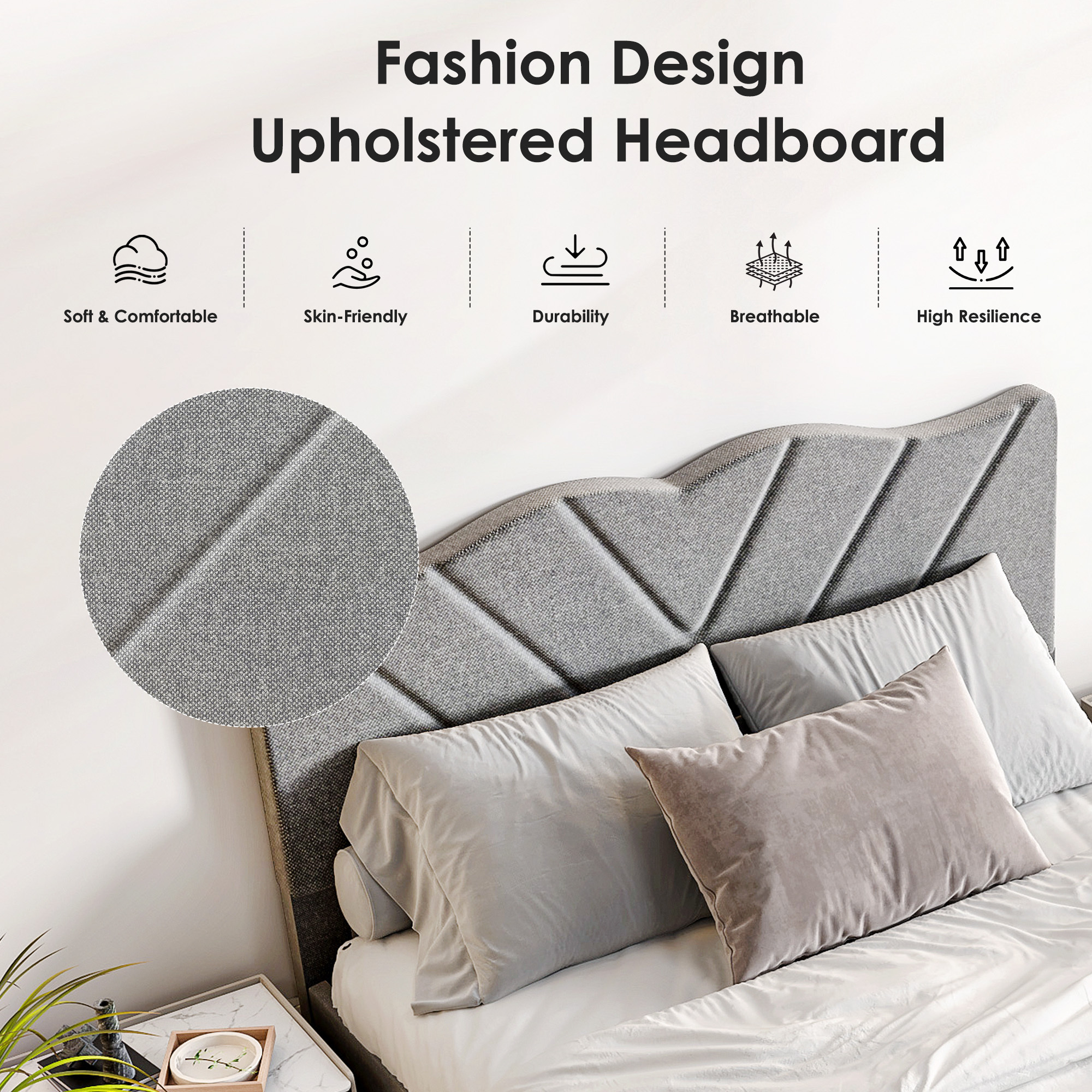 Full Size Bed Frame, Upholstered Platform Bed with Fabric Headboard, Non-Slip and Noise-Free/Wooden Slats Support/No Box Spring Needed/Easy Assembly, Gray