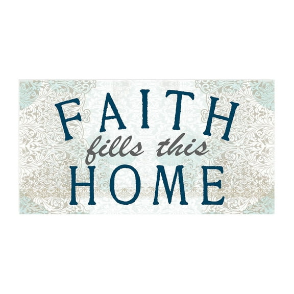 Faith Fills This Home Mint Sage Damask Blue 20 x 10 Wood Wall Sign Plaque