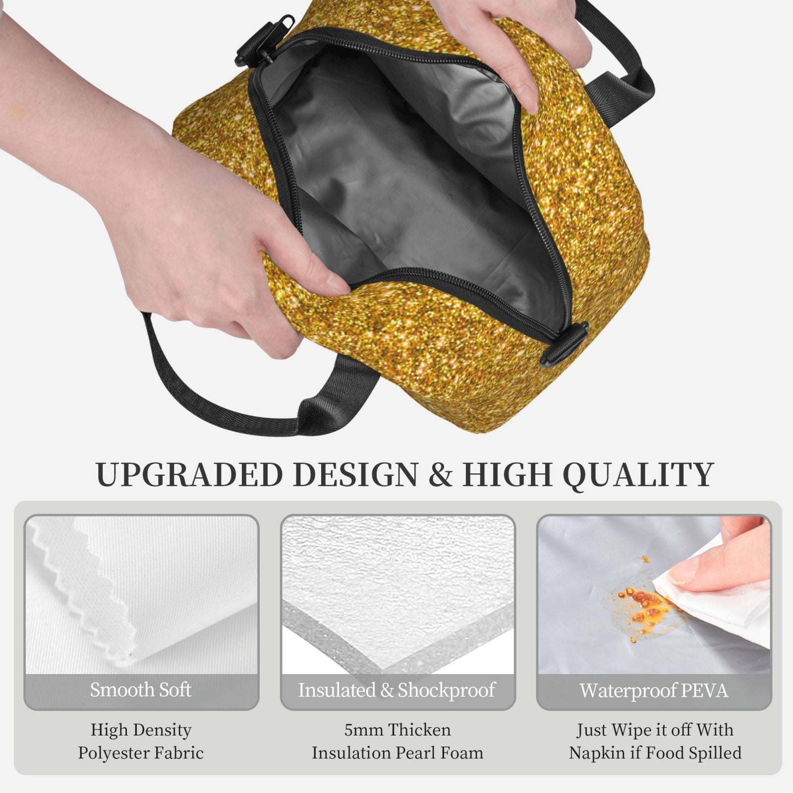 Naloa Gold Glitter Print Lunch Bag for Women & Men Insulated Lunch Box or Cooler Lunch Tote Bags for Work, Travel, Outdoor