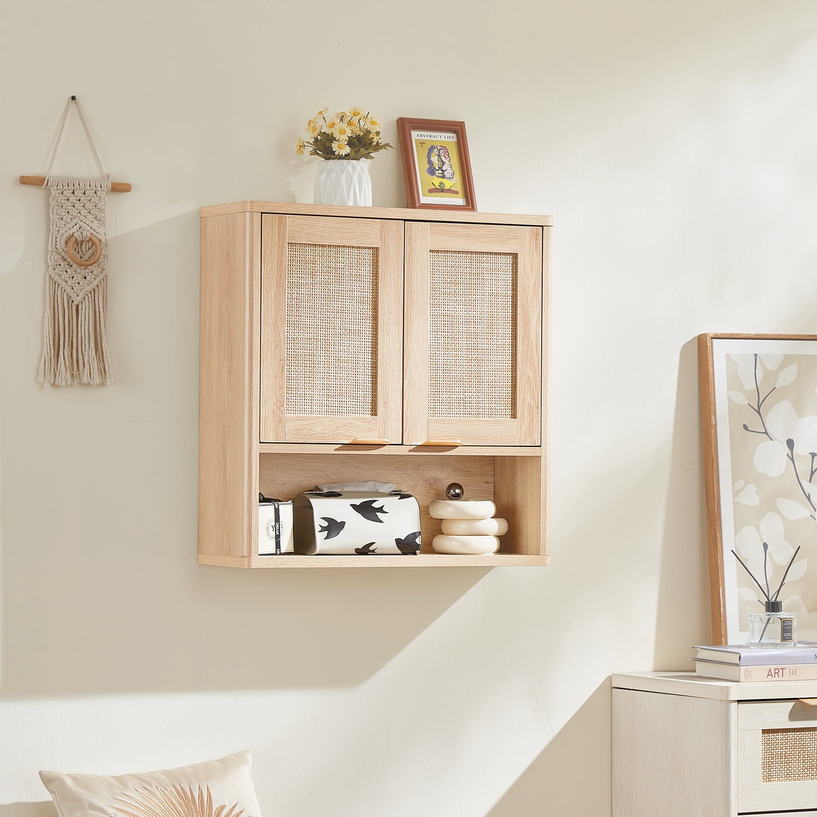 Leyaoyao Boho Bathroom Cabinet Wall Mounted with Doors, Wood Hanging Cabinet, Adult Wall Cabinets with Shelves Over The Toilet, Natural Oak