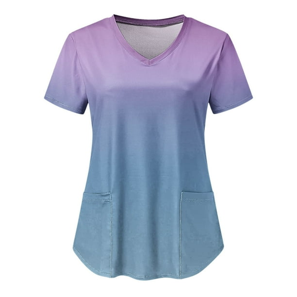 Blusa de manga corta con cuello en V para mujer, blusa de bolsillo con estampado de uniforme de trabajo Pompotops hkajfhjk470946