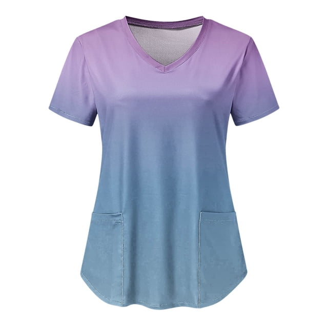 TIMIFIS Scrub Tops Women Summer Gradient V-Neck Short Sleeve Medicals Tops Nursing Professionals Uniforms Tops with Pockets pring/Summer