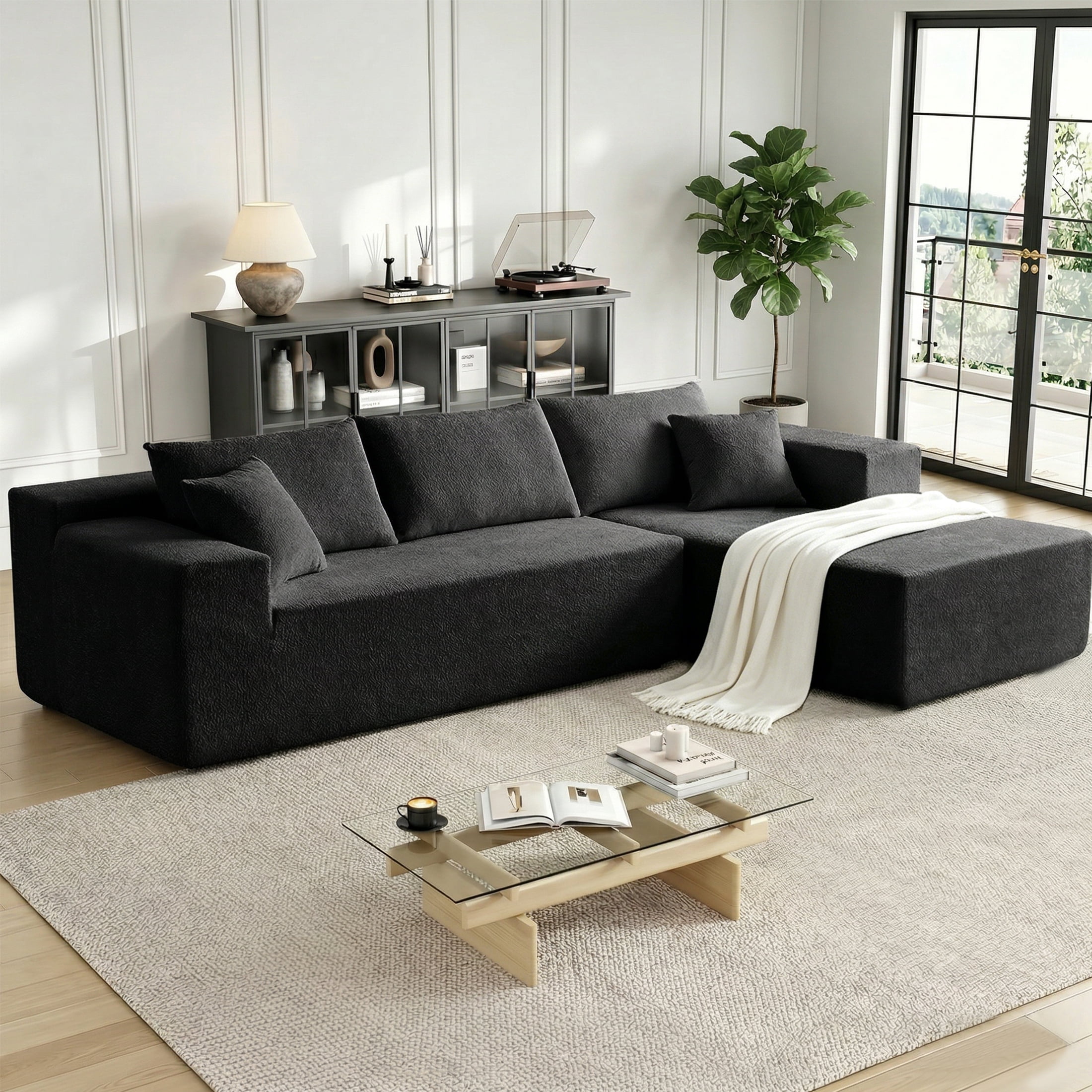Xiweot 103" Boneless Sectional Sofa for Living Room, Memory Foam Cloud Modular Sectional Couch with Deep Seat, No Assembly Velvet L Shaped Sofa with Right Facing Chaise, Black