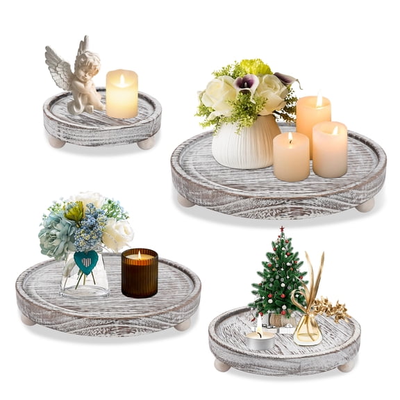 CUGBO 4Pcs White Wooden Tray (13/17/21/25cm) for Home Decor, Round Farmhouse Candle Pillar Tealight Holder Circular Serving Platter Rustic Dining Coffee Table Bathroom Decorative Storage