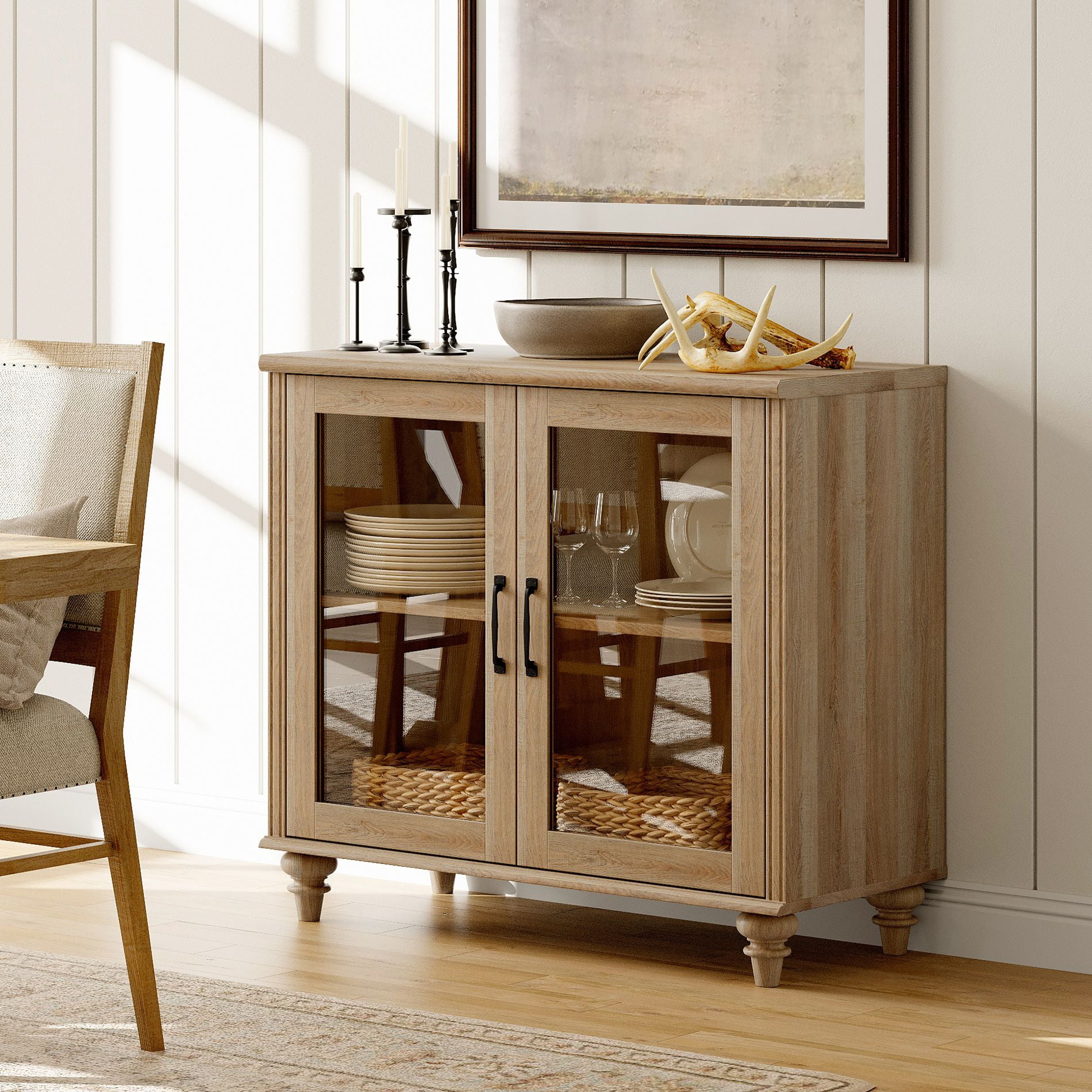 Oak Buffet Cabinet with Glass Door