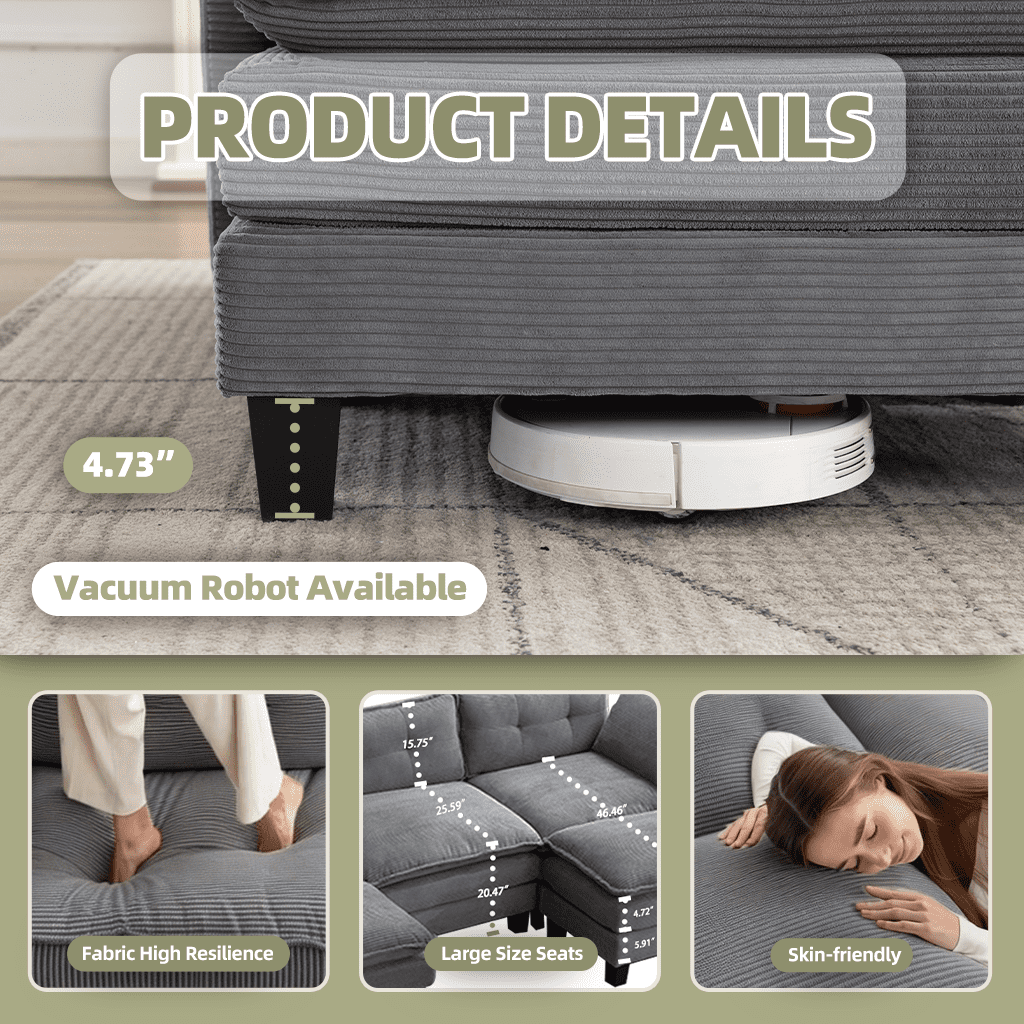 AIKEMING 112" U-Shaped Cloud Couch, Oversized Modular Sectional Sofa with 3-Seater AIKEMING Comfy Couch and 2 Movable Ottomans for Living Room, Grey
