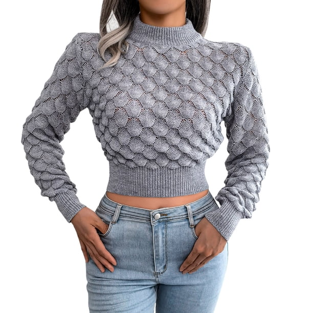 Gibobby Suéter de Cuello Alto para Mujer, Suéter de Punto para Mujer, Suéter Extragrande de Cuello Alto de Color Sólido(Gris,CH)