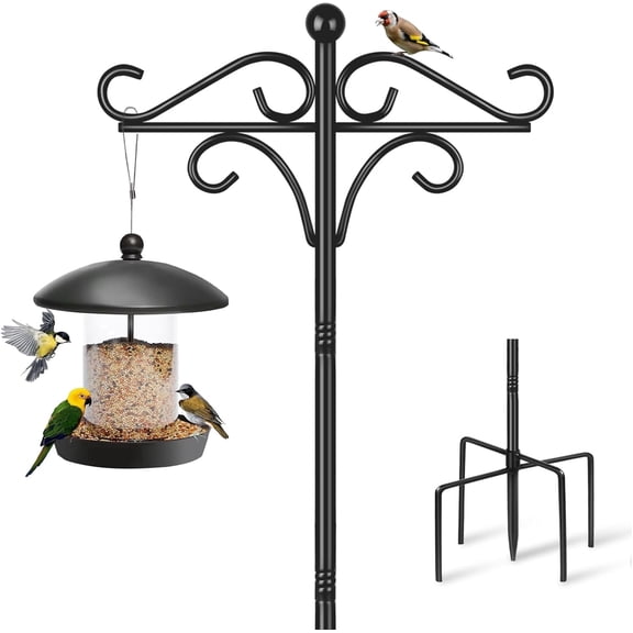 KOLAKO Bird Feeder Pole Stand, 195cm Bird Feeding Station, Heavy Duty Free Standing Shepherd Hook for Outdoor Garden Light Lantern Metal Hanger, Black