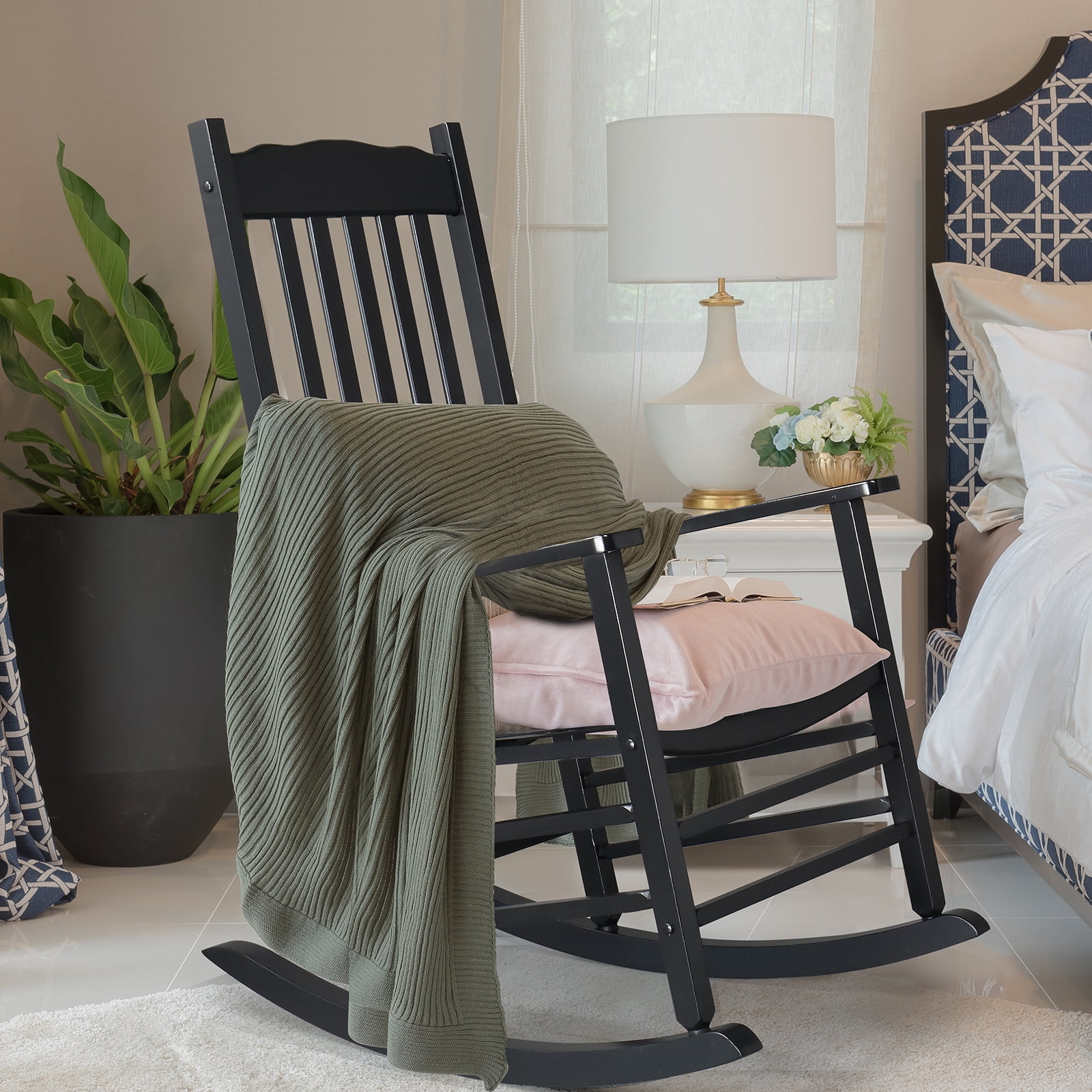 Outdoor Wood Rocking Chair, Wavy Backboard, Weatherproof Patio Rocker for Patio Garden Yard Balcony Poolside, Black