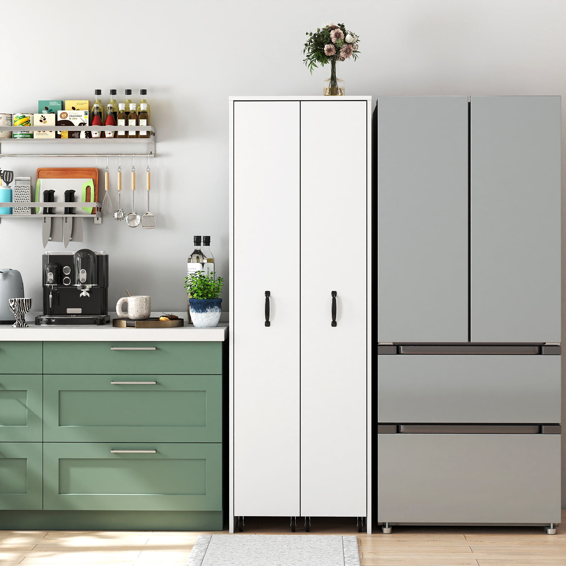 Mintazer Slide‑Out Tall Narrow Kitchen Pantry Cabinet with Rolling Wheels, Adjustable Shelves & Metal Handles, Freestanding Slim Storage Cabinet for Kitchen Dining Room Living Room, White