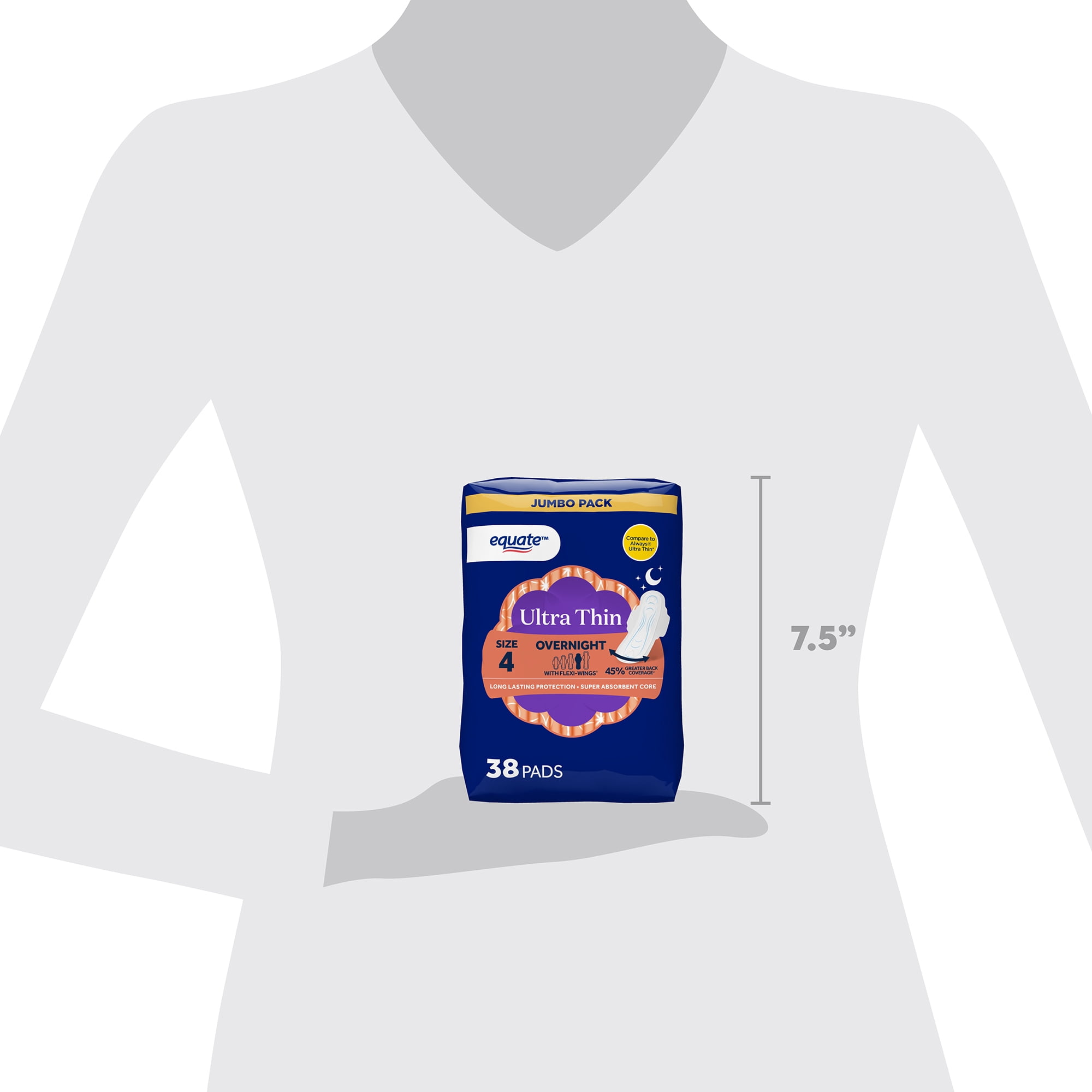 Equate Ultra Thin Pads with Flexi-Wings, Overnight Absorbency, Size 4, 38 Count