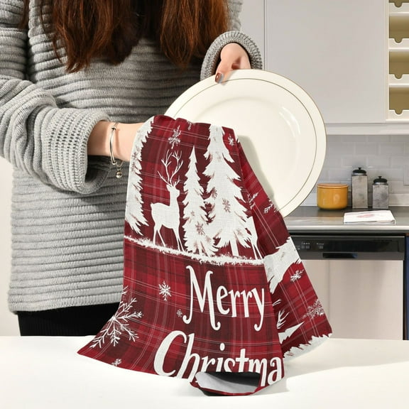 BZSMCE Kitchen Towels Creative Christmas Trees and Reindeer Painting Pattern Durable Kitchen Towel