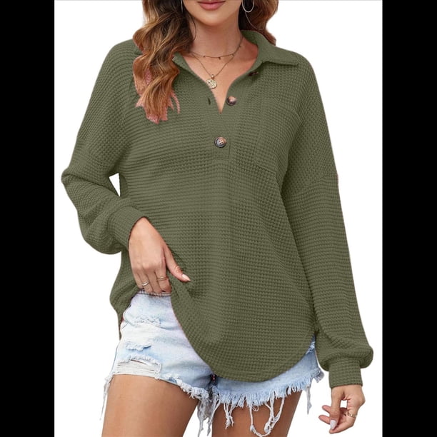 Tops de Punto Gofre para Mujer, Camisetas Henley de Larga con Cuello en V, Color Liso, Túnica Informal Verde S