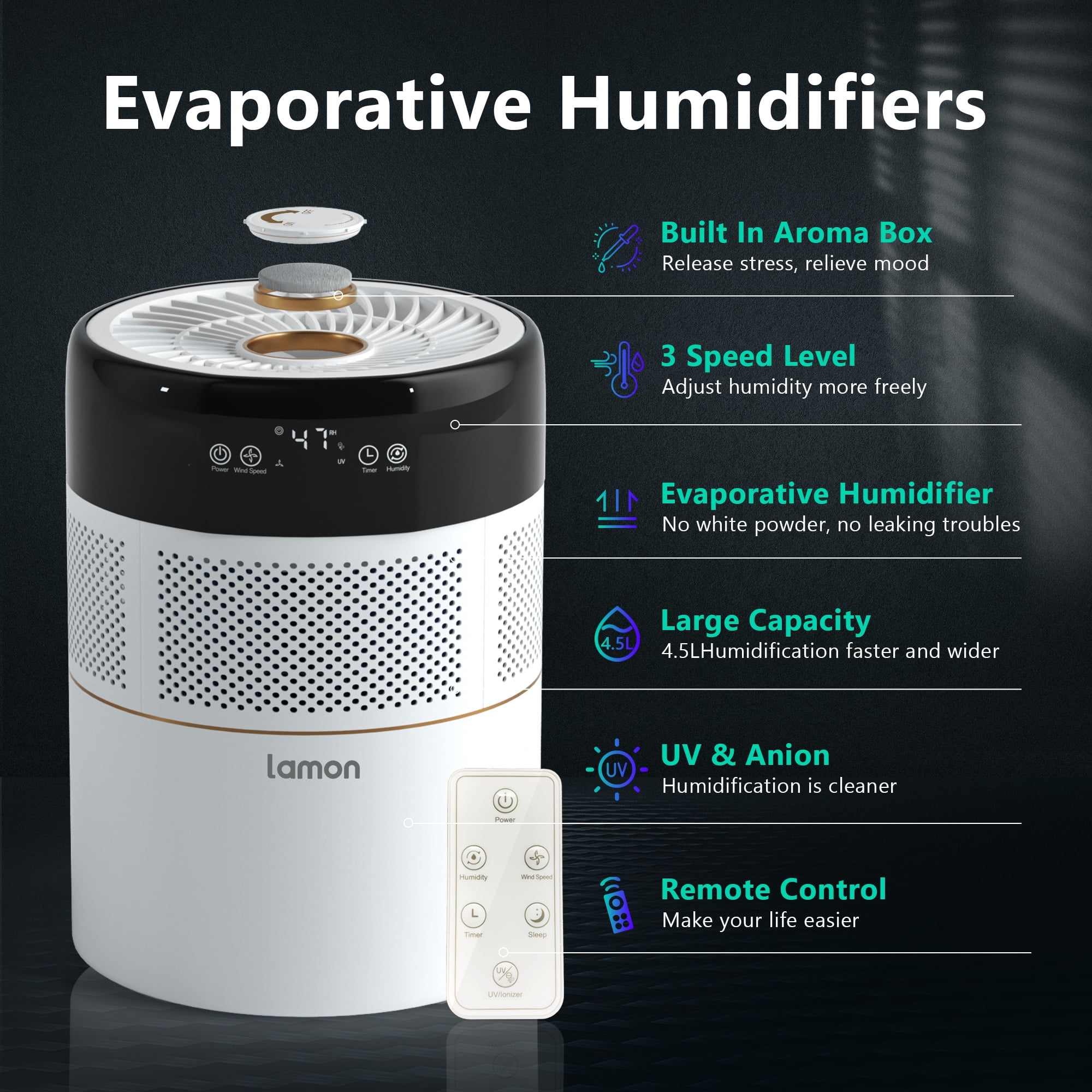Lamon® Evaporative Humidifier, 400ml/H Cool Moisture Humidifier and Air Purifier with Anion & Filter for Baby, Kid Bedroom, Quiet Work Humidifiers, Sleep Mode, 4.5L(1.2G)