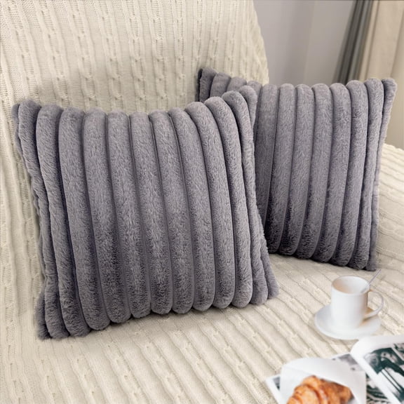 Grey Textured Faux Fur Plush Throw Pillow Covers 18x18, 2-Pack Decorative Cushion Cases