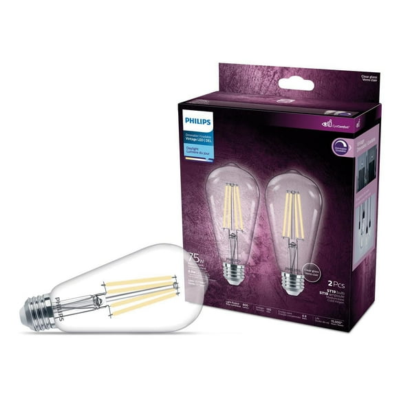 PHILIPS 8.8W 75W ST19 Medium Base Daylight LED Light Bulbs - Clear Glass, 2 Pack